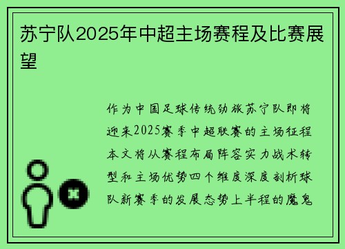 苏宁队2025年中超主场赛程及比赛展望